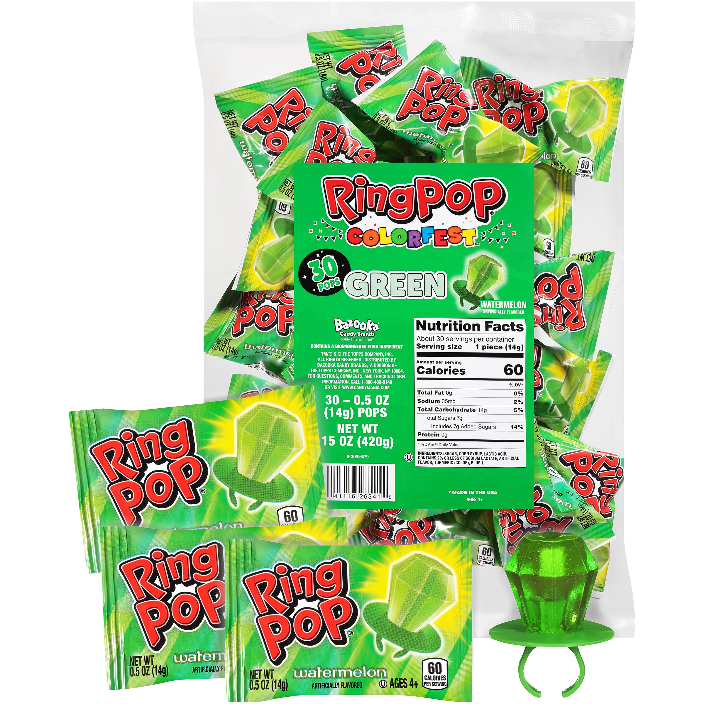 Ring Pop Colorfest Individually Wrapped Green Watermelon 30 Count Bulk Lollipop Pack -Green Lollipop Suckers - Fun Candy Bulk For Party Favors, Color Parties, Pool Parties, & 4th of July - Summer Treats for Kids