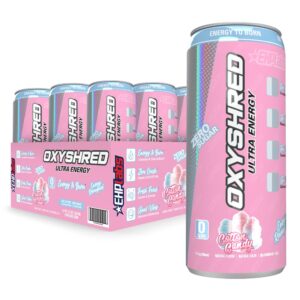 EHP Labs OxyShred Ultra Healthy Energy Drink - Zero Sugar Energy Drinks with Amino Acids, Green Tea Extract, Vitamin C & L Carnitine - Zero Carbs, Zero Calories, Clean Caffeine, Cotton Candy (12-Pack)