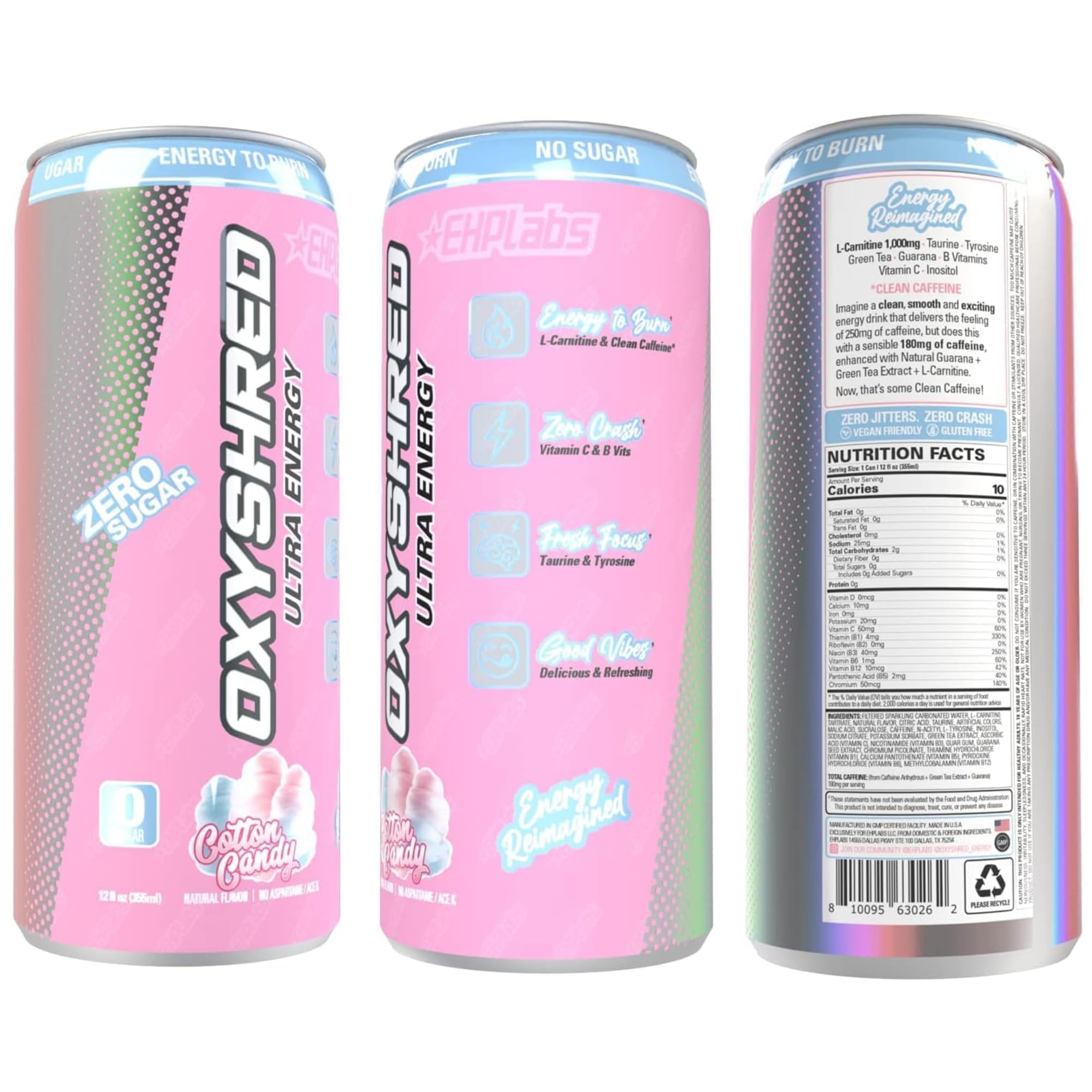 EHP Labs OxyShred Ultra Healthy Energy Drink - Zero Sugar Energy Drinks with Amino Acids, Green Tea Extract, Vitamin C & L Carnitine - Zero Carbs, Zero Calories, Clean Caffeine, Cotton Candy (12-Pack)