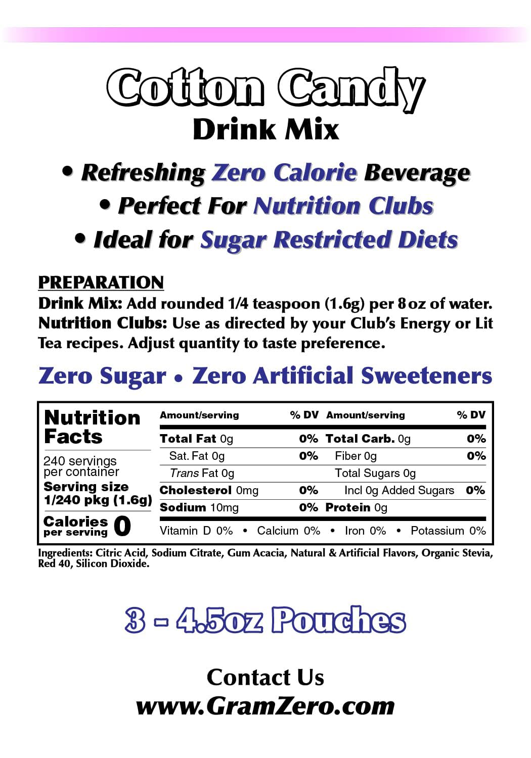 GramZero Cotton Candy Zero Calorie Sugar Free Drink Mix, Great For Nutrition Club Loaded Tea, Stevia Sweetened