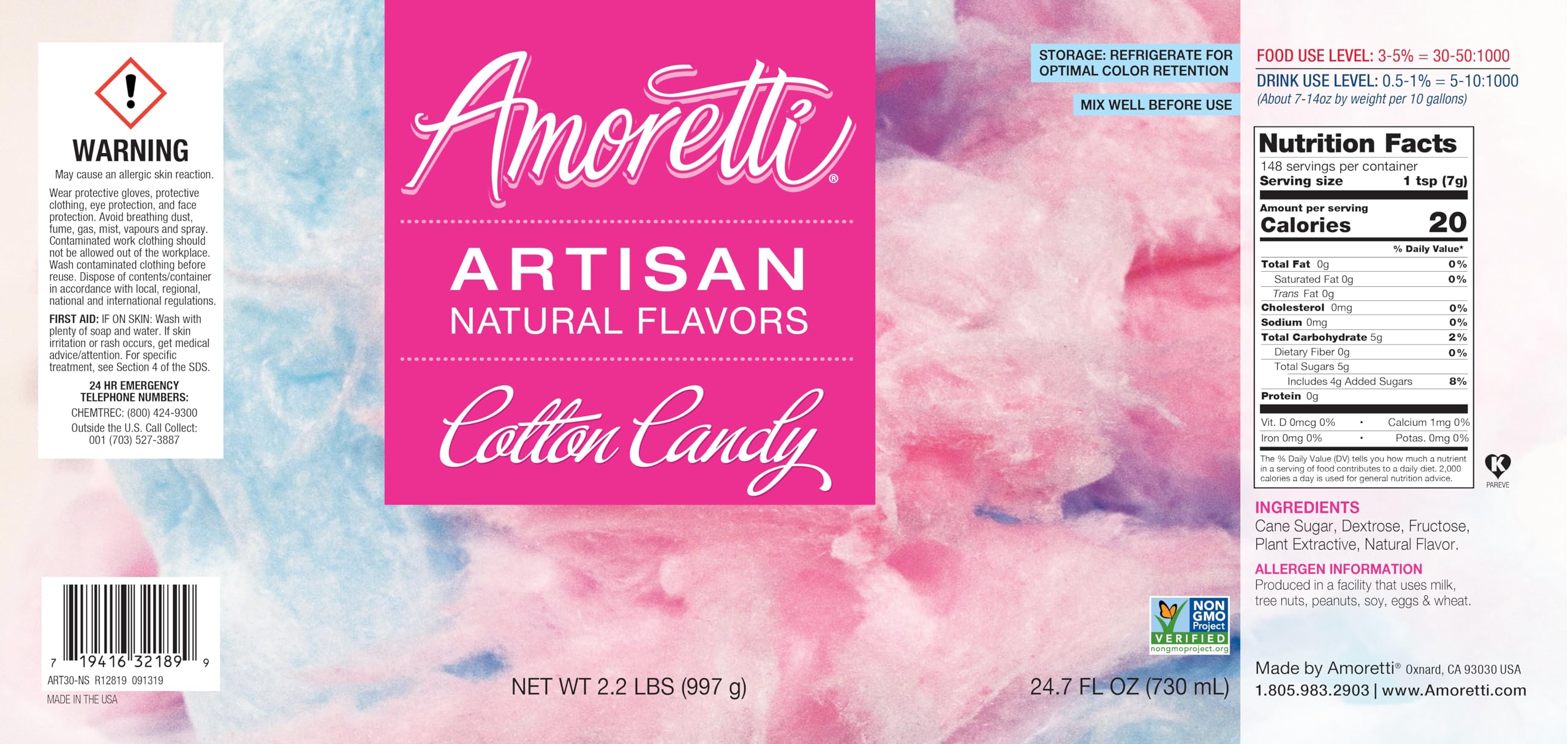 Amoretti - Natural Cotton Candy Artisan Flavor Paste 8 oz - Perfect For Pastry, Savory, Brewing, and more, Preservative Free, Gluten Free, Kosher Pareve, No Artificial Sweeteners, Highly Concentrated