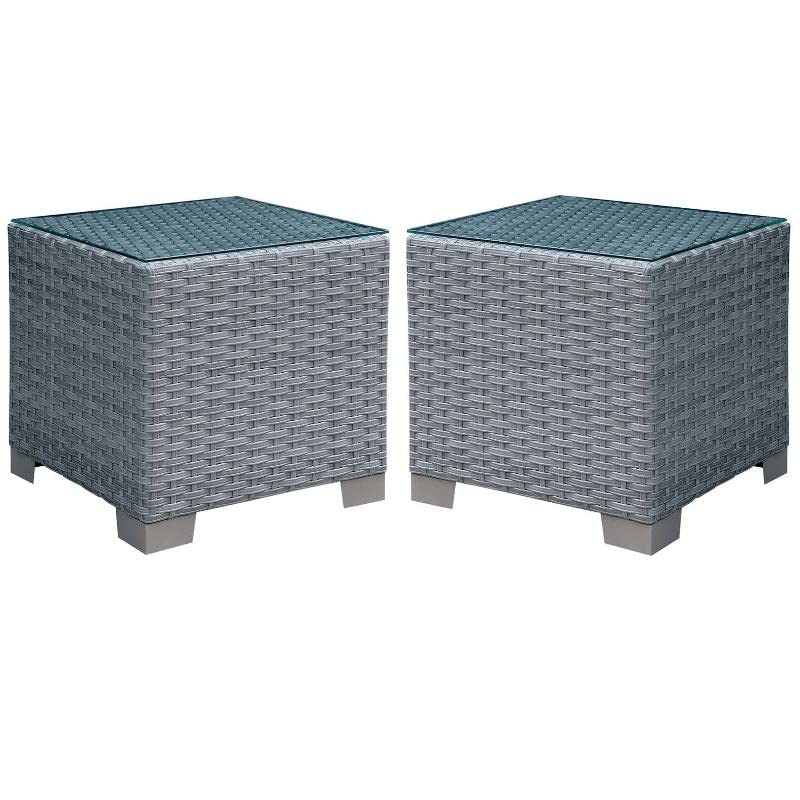 Home Square Condor Rattan Glass Top Patio End Table in Gray - Set of 2