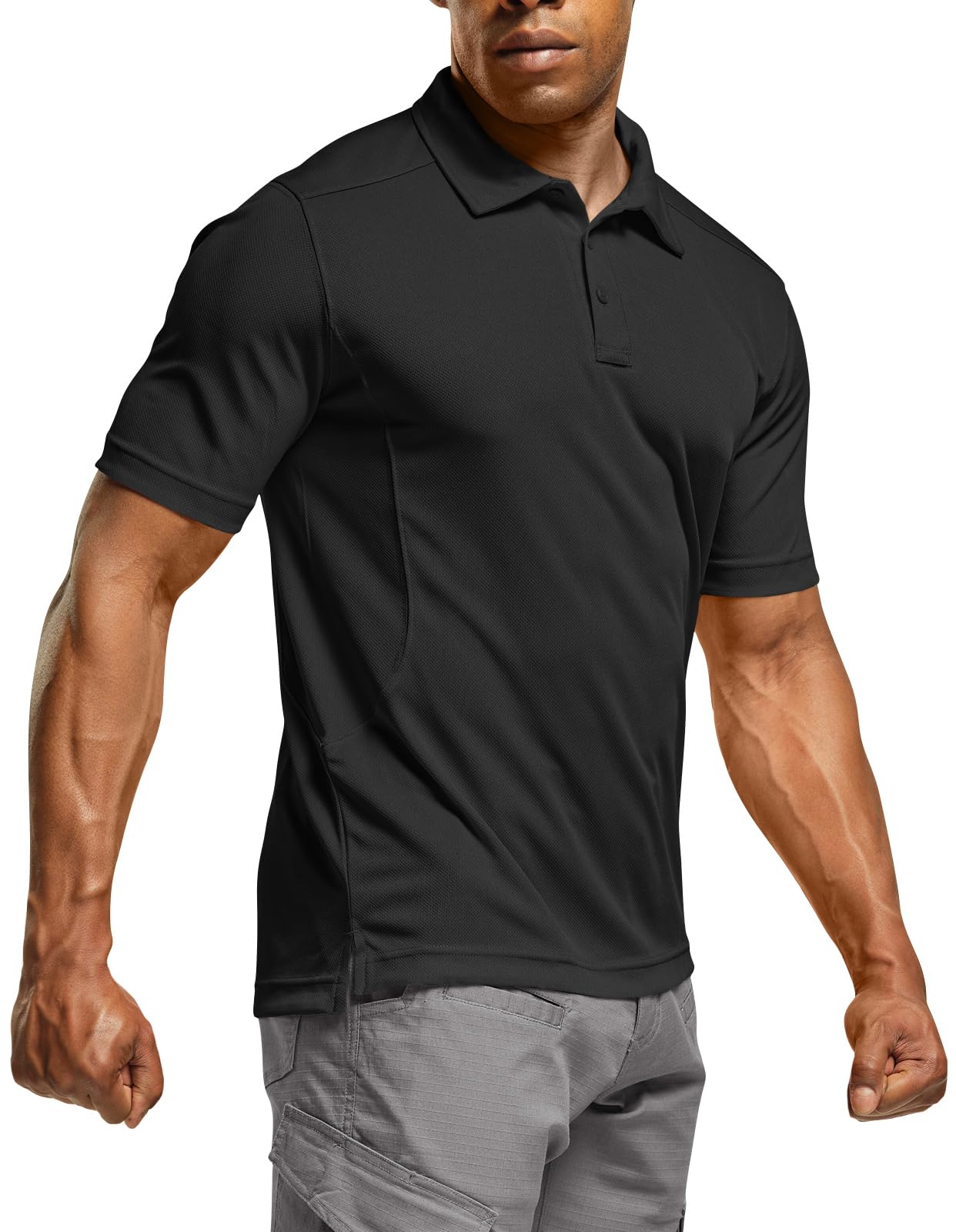 CQR Men's Polo Shirt, Long and Short Sleeve Tactical Shirts, Dry Fit Lightweight Golf Shirts, Outdoor UPF 50+ Pique Shirt, Frost Essential Black, Large