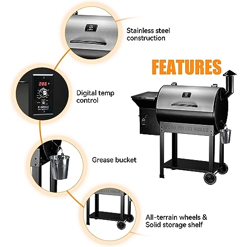 Z GRILLS Wood Pellet Smoker Grill, 8 in 1 BBQ Grill with Auto Temperature Control, 697 sq in Cooking Area for Backyard, Patio and Outdoor Cooking, 7002E, Sliver