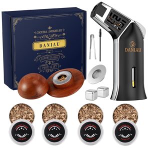 daniau cocktail smoker kit with torch, 4 flavors wood chips for whiskey smoker kit, old fashioned cocktail kit bourbon drink smoker infuser kit with reusable ice cubes, gifts for father's day