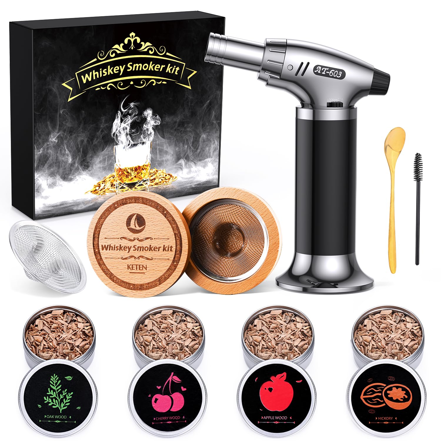 Cocktail Smoker Kit with Torch, Keten Whiskey/Bourbon/Old Fashioned Cocktail Kit with 4 Flavors Wood Chips, Drink Smoker and Whiskey Gifts for Men-Father, Friend and Loved(No Butane)