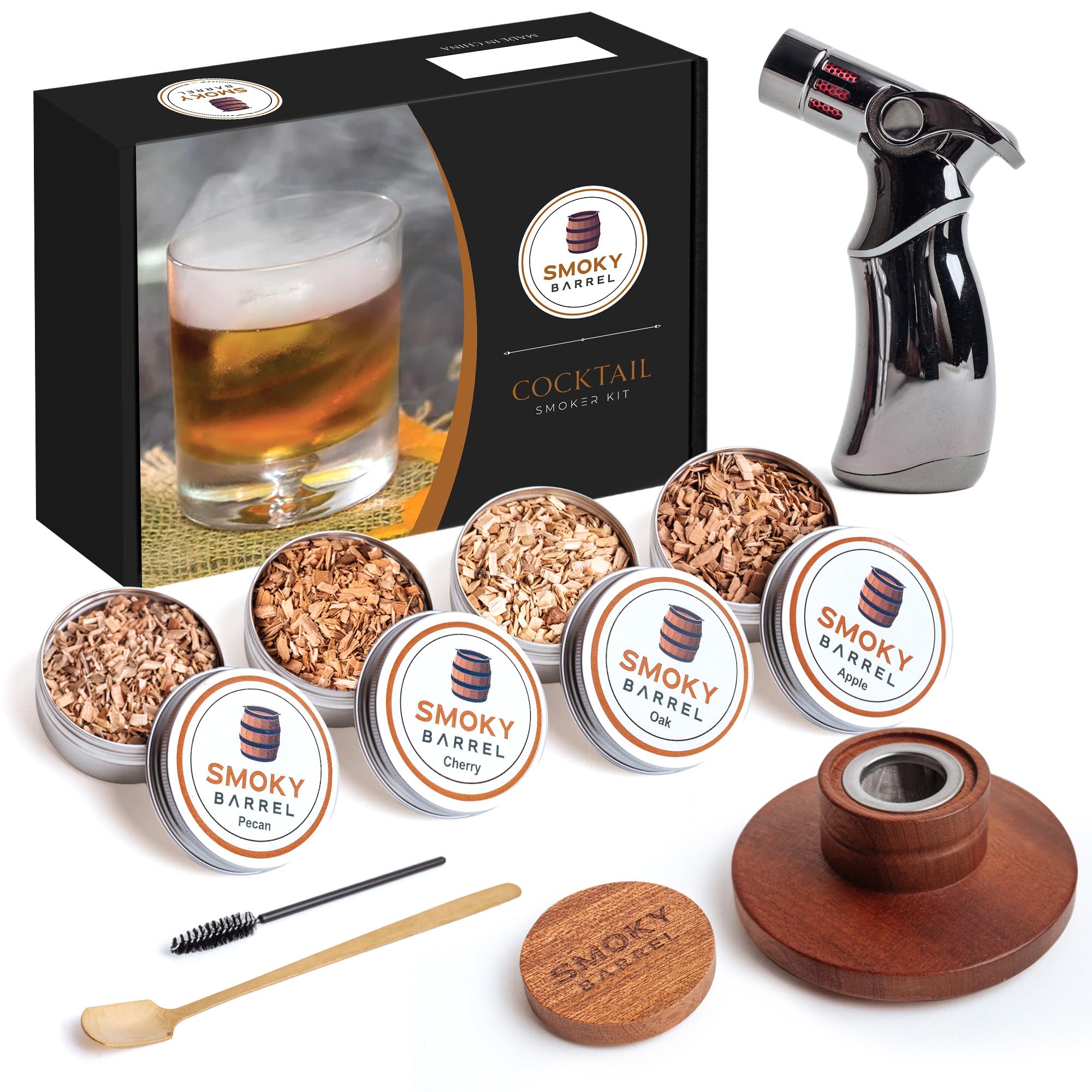 Smoky Barrel Cocktail Smoker Kit with Premium Torch - Old Fashioned Cocktail Kit - Whiskey Smoker Kit - Drink Smoker for Whiskey - Bourbon Smoker Kit - Cocktail Smoker Top (No Butane)