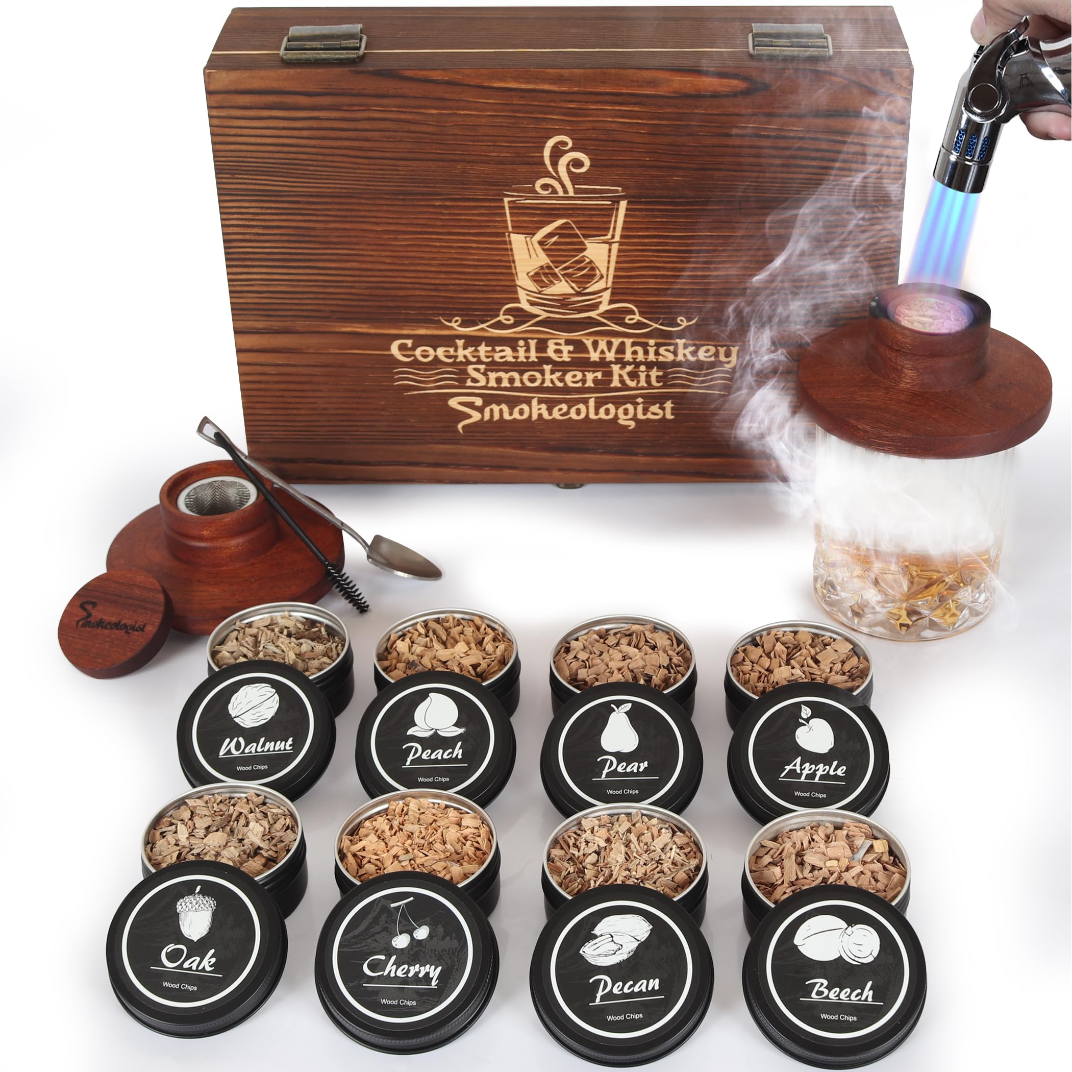 SMOKEOLOGIST Whiskey, Cocktail, and Old Fashioned Smoker Kit with Torch – Includes 8 Unique Natural Wood Flavors, Luxury Wooden Box Gift Packaging, Premium Butane Torch (Butane Fuel not Included)