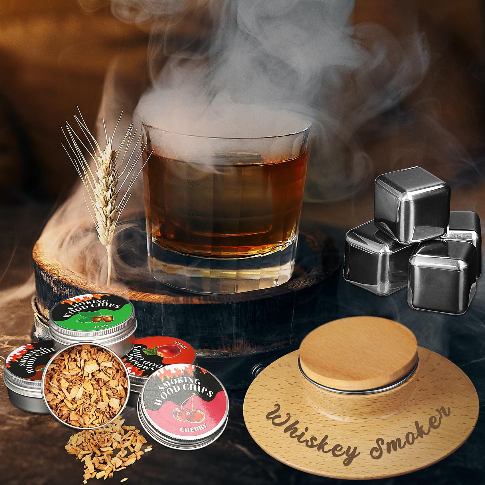 Whiskey Smoker Kit Gifts for Men - 4 pcs Flavors Wood Chips + 4 pcs Stainless Steel Ice Cubes, Whiskey Bar Smoker Accessories, Bourbon Cocktail Smoker Kit Suitable for Bartender Birthday Gifts