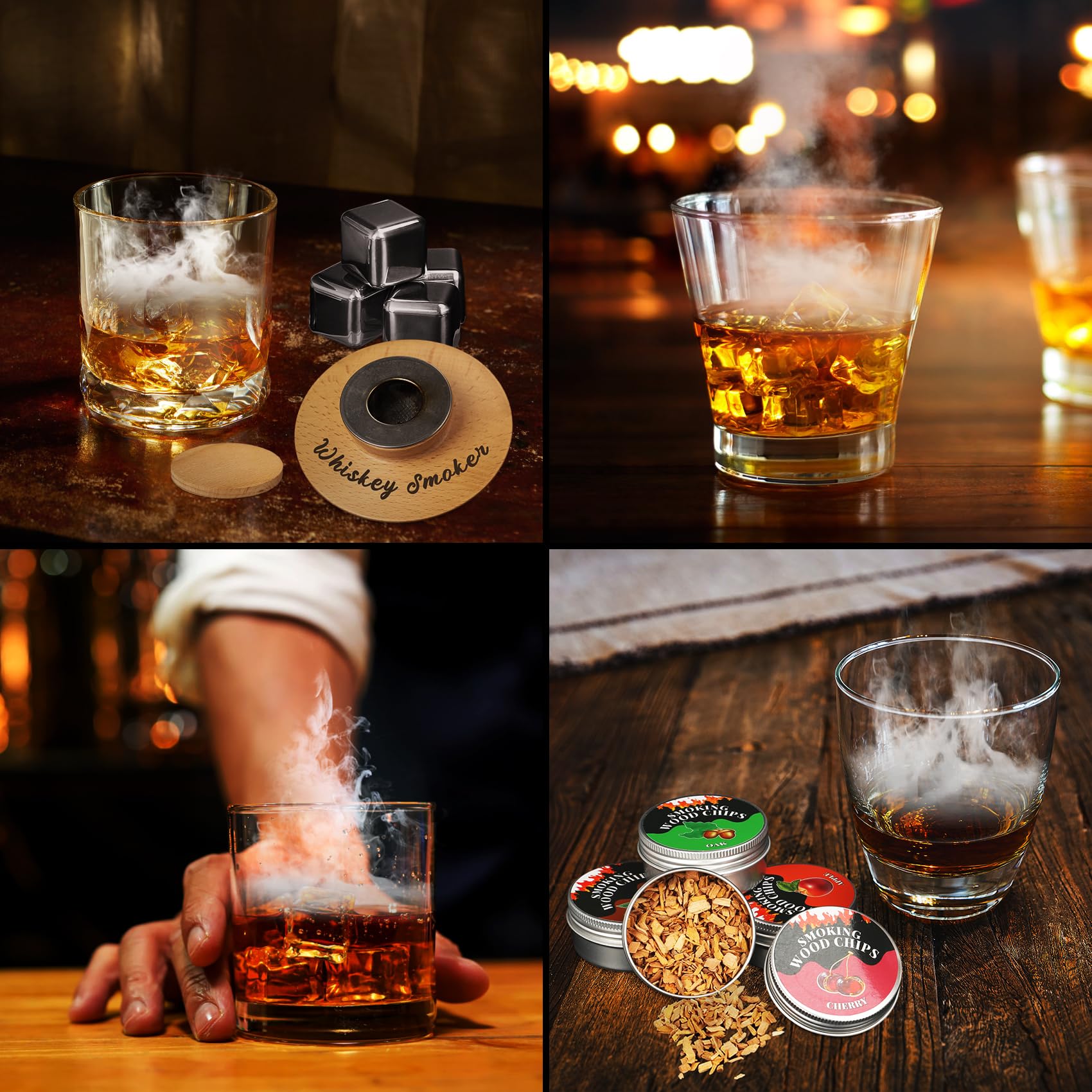 Whiskey Smoker Kit Gifts for Men - 4 pcs Flavors Wood Chips + 4 pcs Stainless Steel Ice Cubes, Whiskey Bar Smoker Accessories, Bourbon Cocktail Smoker Kit Suitable for Bartender Birthday Gifts