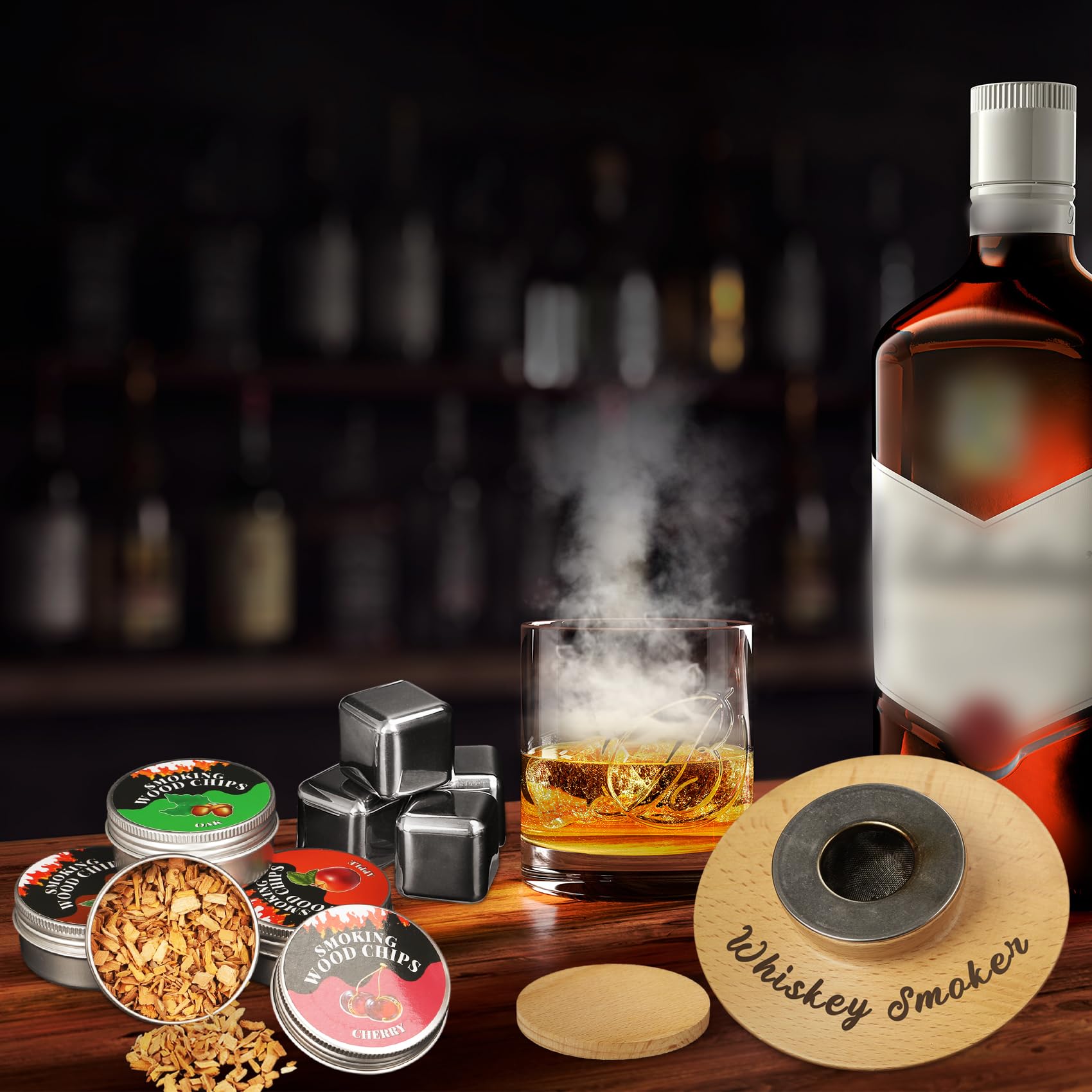 Whiskey Smoker Kit Gifts for Men - 4 pcs Flavors Wood Chips + 4 pcs Stainless Steel Ice Cubes, Whiskey Bar Smoker Accessories, Bourbon Cocktail Smoker Kit Suitable for Bartender Birthday Gifts