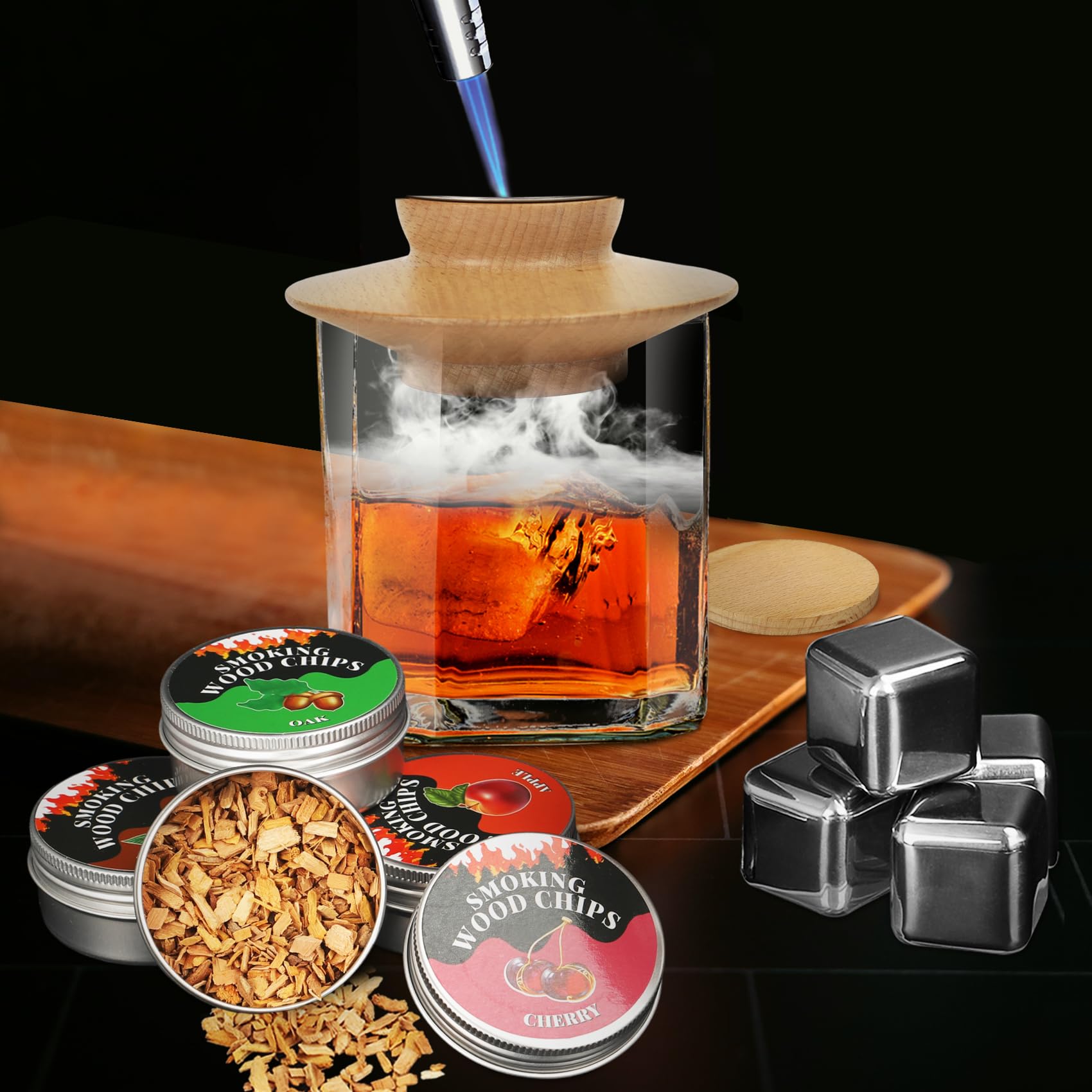 Whiskey Smoker Kit Gifts for Men - 4 pcs Flavors Wood Chips + 4 pcs Stainless Steel Ice Cubes, Whiskey Bar Smoker Accessories, Bourbon Cocktail Smoker Kit Suitable for Bartender Birthday Gifts