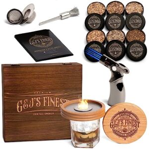 Whiskey Smoker Kit with Quad Flame Torch, Scorch Shield, Lid, 6 Wood Chips & Wooden Gift Box for Smoked Old Fashioned Bourbon Drink Infuser| Cocktail Smoker (Cherry Wood, No Butane)