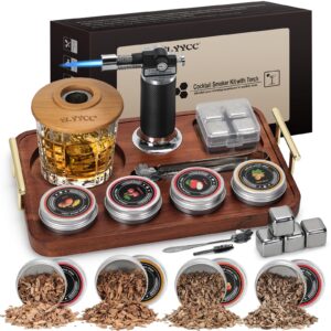 ylyycc cocktail smoker kit with torch, whiskey smoker kit with 4 flavors wood chips, 4 whiskey stones and wooden stand, old fashioned drink smoker for bourbon, whiskey smoker gifts for men, dad