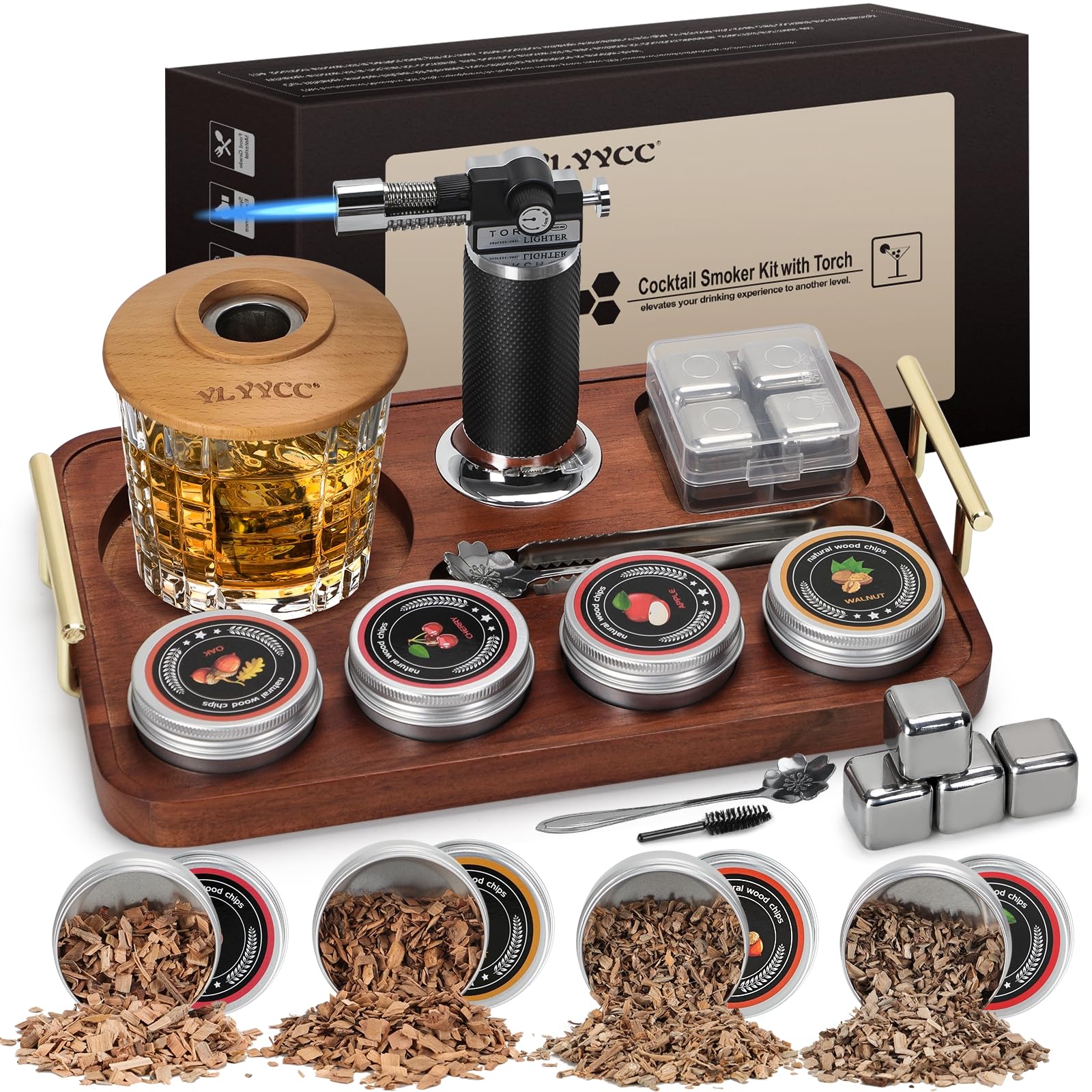 YLYYCC Cocktail Smoker Kit with Torch, Whiskey Smoker Kit with 4 Flavors Wood Chips, 4 Whiskey Stones and Wooden Stand, Old Fashioned Drink Smoker for Bourbon, Whiskey Smoker Gifts for Men, Dad