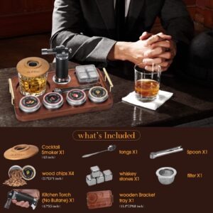 YLYYCC Cocktail Smoker Kit with Torch, Whiskey Smoker Kit with 4 Flavors Wood Chips, 4 Whiskey Stones and Wooden Stand, Old Fashioned Drink Smoker for Bourbon, Whiskey Smoker Gifts for Men, Dad