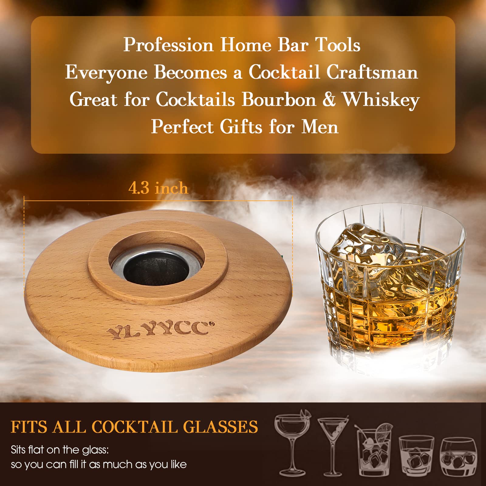 YLYYCC Cocktail Smoker Kit with Torch, Whiskey Smoker Kit with 4 Flavors Wood Chips, 4 Whiskey Stones and Wooden Stand, Old Fashioned Drink Smoker for Bourbon, Whiskey Smoker Gifts for Men, Dad