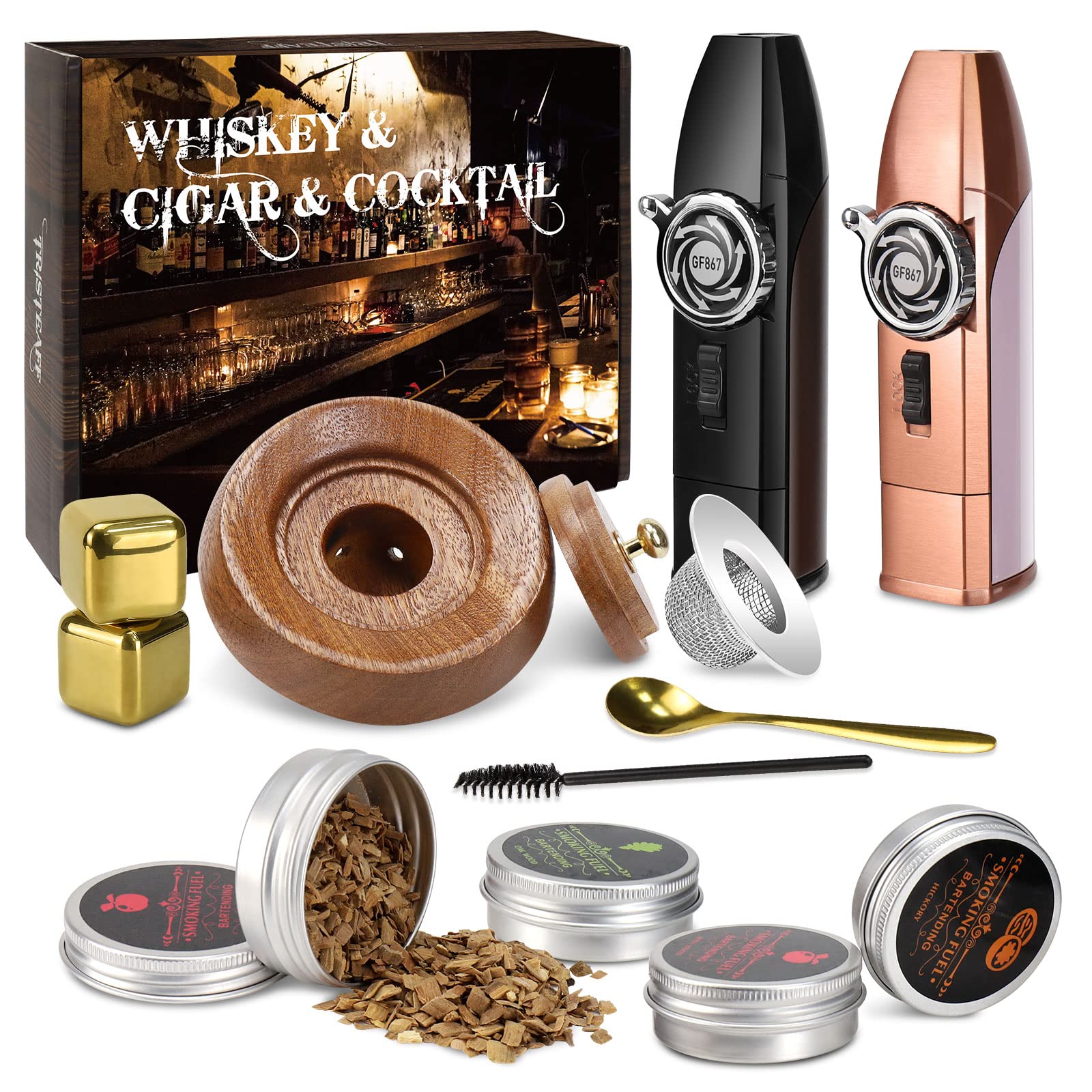 Cocktail Smoker Kit with 2 Torch, Old Fashioned Cocktail Kit with 4 Flavors Wood Chips, Bourbon Drink Smoker Infuser Kit, Whiskey Smoker Kit For Your Friends, Husband, Dad As Gift（No Butane）