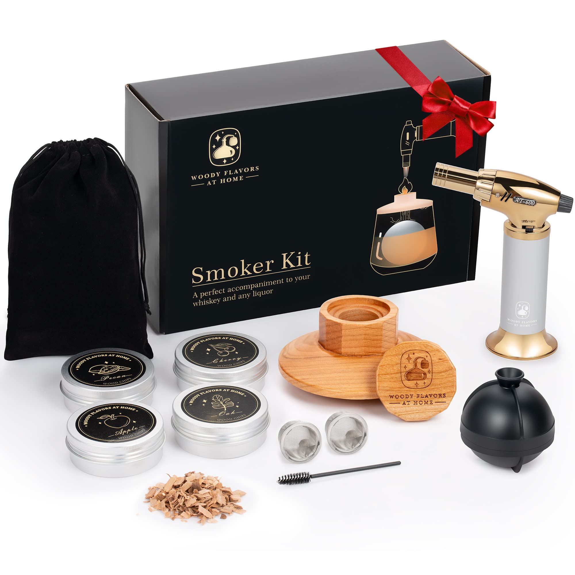 Woody Flavors at Home Cocktail Smoker Kit – Drink Smoker Bartender Kit with Torch, Sphere Ice Molds, Aromatic Wood Chips – Professional Bourbon Smoker Kit for Cocktails, Whiskey. Butane not Included