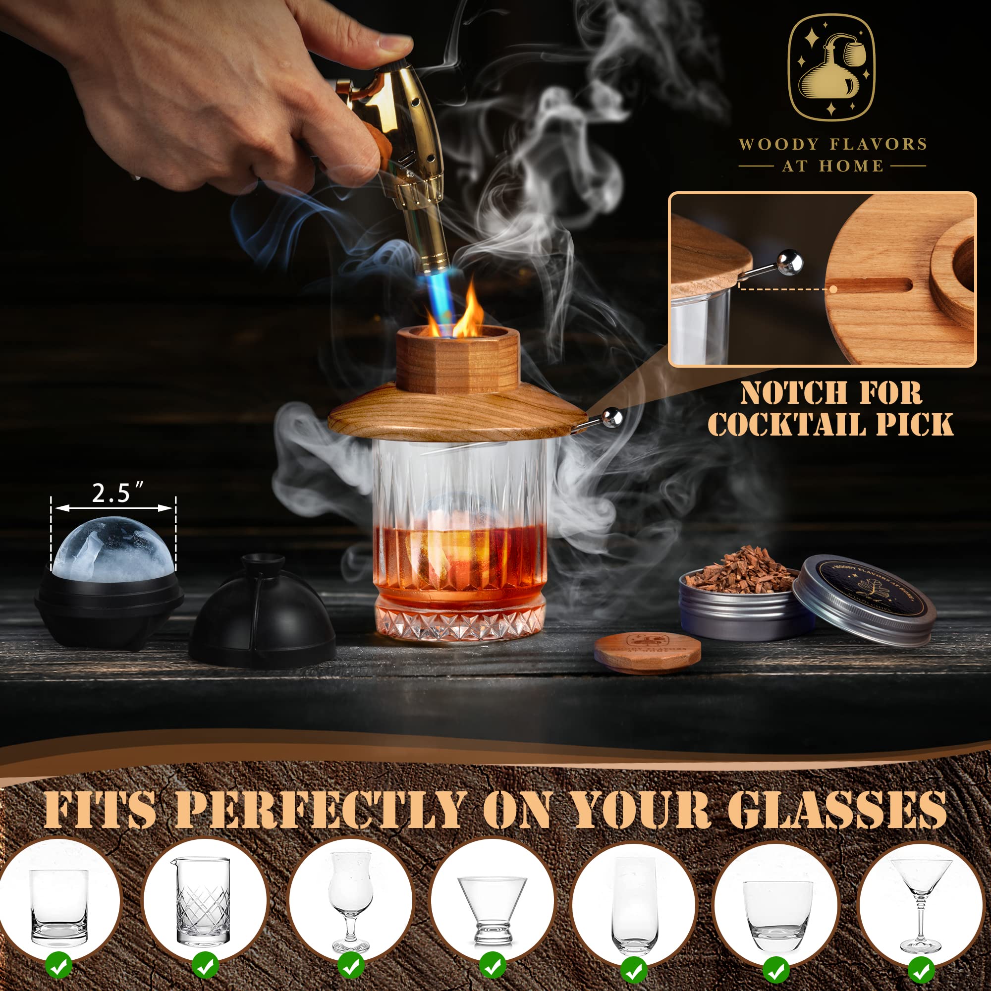 Woody Flavors at Home Cocktail Smoker Kit – Drink Smoker Bartender Kit with Torch, Sphere Ice Molds, Aromatic Wood Chips – Professional Bourbon Smoker Kit for Cocktails, Whiskey. Butane not Included