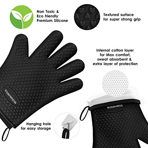 KITCHEN PERFECTION Silicone Smoker Oven Gloves -Extreme Heat Resistant BBQ Gloves -Handle Hot Food Right on Your Smoker Grill Fryer Pit|Waterproof Oven Mitts Grill Gloves |Superior Value Set+3 Bonuses