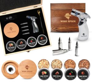 cocktail smoker kit with torch – smoking set for cocktails, 4 wood chips flavors, and 4 drink chillers – old fashioned bourbon smoke infuser – gift for men or whiskey lover (no butane)