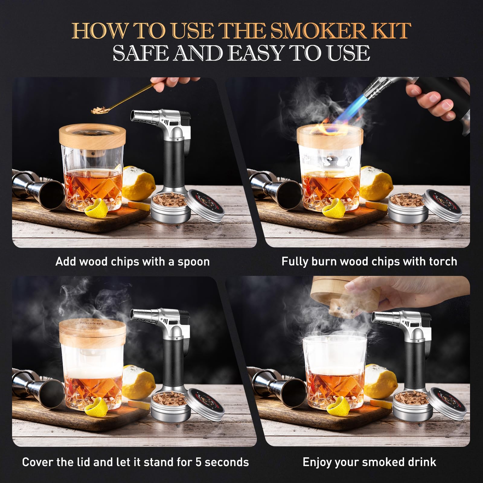 Hinshark Cocktail Smoker Kit with Torch & Stand - 4 Flavors Wood Chips for Old Fashioned Smoker Kit, Bourbon Whiskey Gifts for Men, Christmas Gifts For Men, Dad, Husband, Grandpa (No Butane)