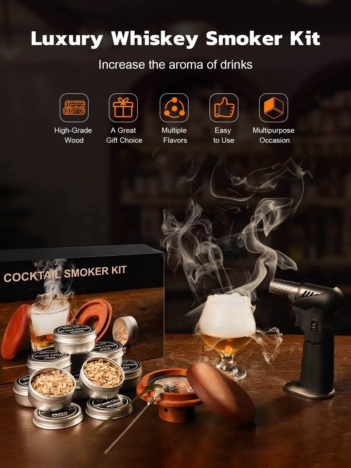 Cocktail Smoker Kit with Torch, [8 Flavors Wood Chips] Domxty Old Fashioned Cocktail Kit/Bourbon/Whiskey Smoker Infuser Kit for Coffee and Flavor Drink, Gifts for Men, Father & Husband (No Butane)