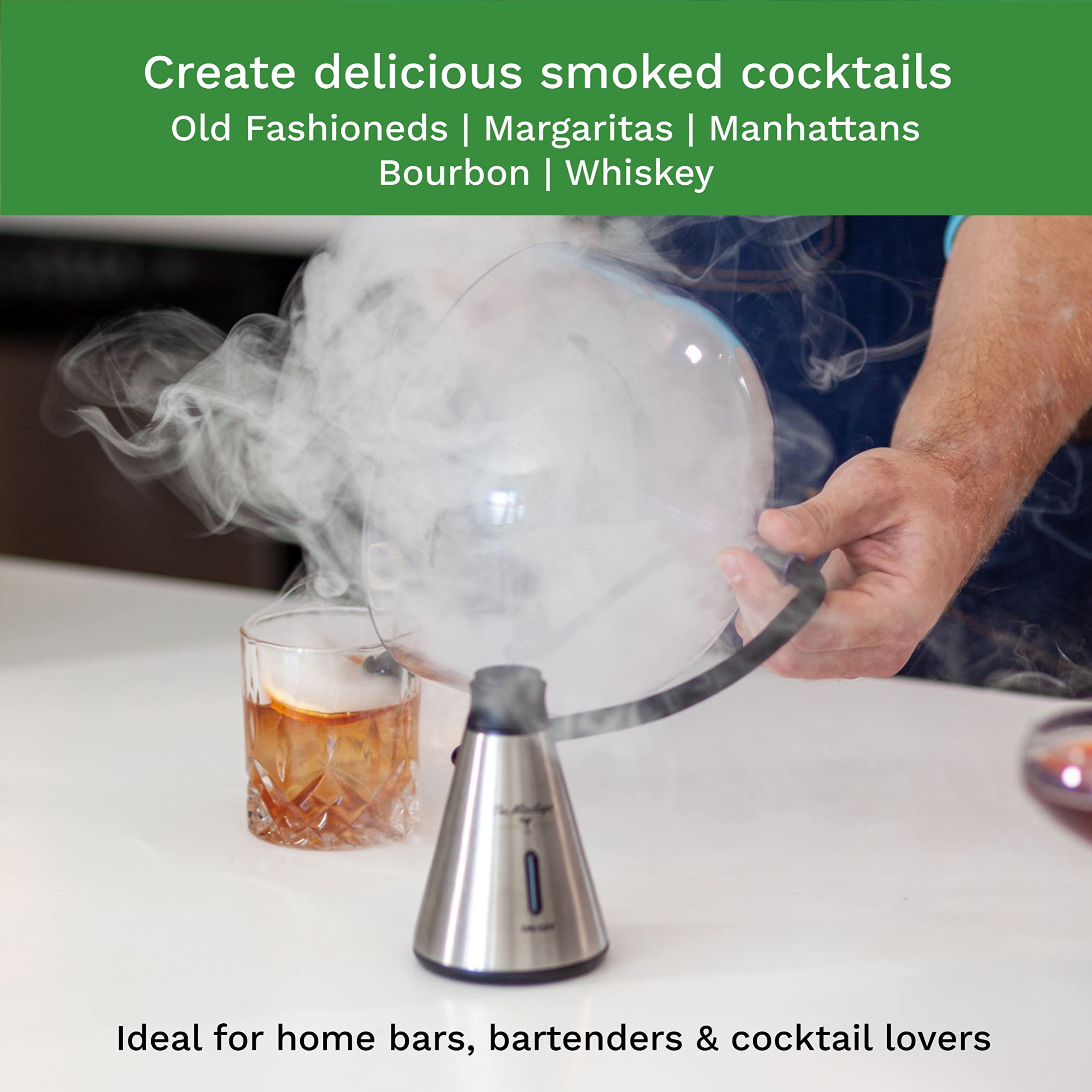 The Mixologer Cocktail Smoker Kit | Whiskey & Drink Smoker Infuser | Stainless Steel Smoker, Dome, Wood Plate & 3 Wood Chips | Ideal to Prepare Elegant Smoky Cocktails at Home |