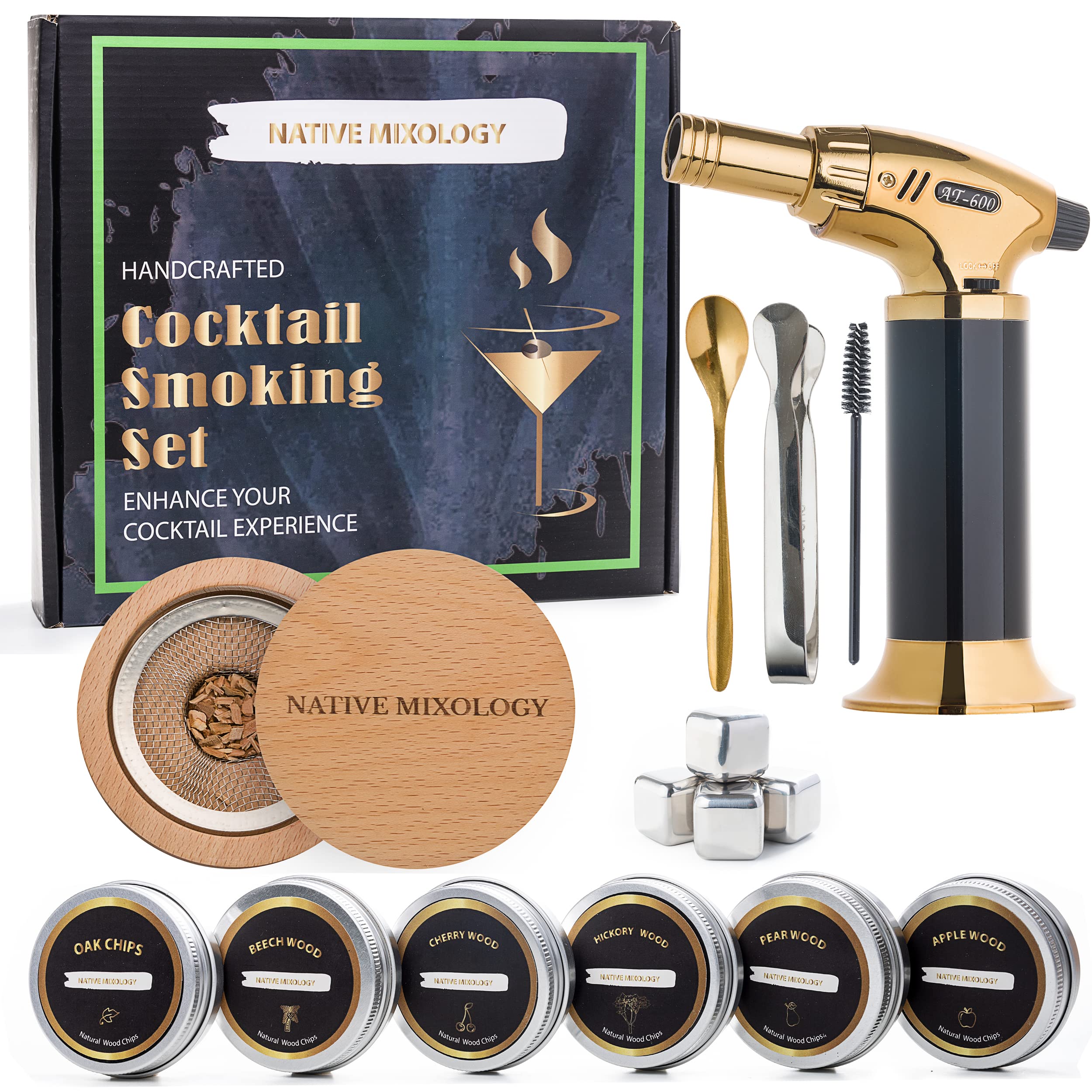 Cocktail Smoker Kit with Torch Old Fashioned Smoker for Whiskey & Bourbon, Set 6 Flavor of Wood Chips Anniversary Birthday Gifts for Men