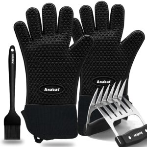 Anaeat Heat Resistant BBQ Grill Gloves, Meat Shredder Claws and Silicone Basting Brush BBQ Accessories Set - Waterproof Non-Slip Smoker Gloves for Indoor & Outdoor Grilling, Barbecue, Cooking (Black)