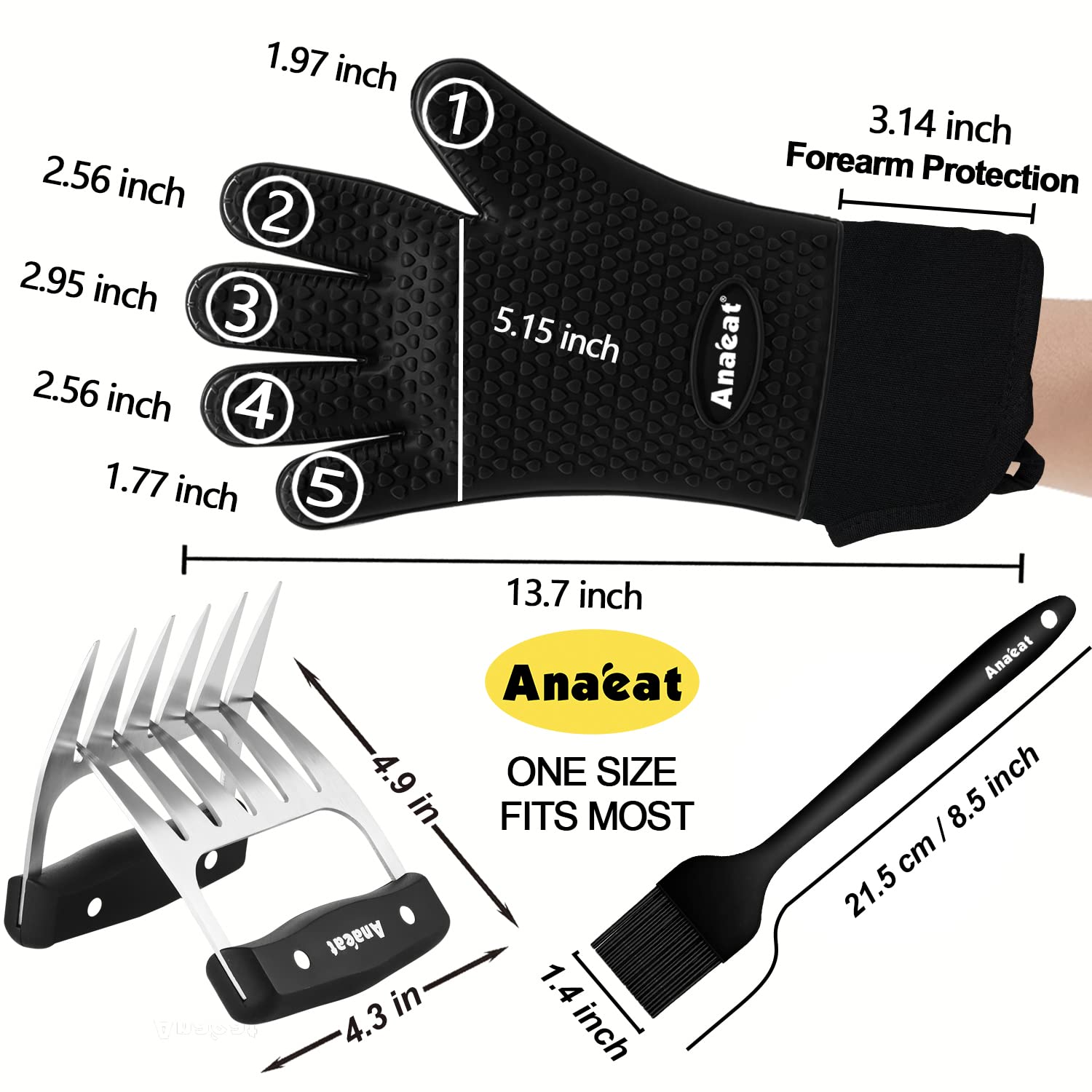 Anaeat Heat Resistant BBQ Grill Gloves, Meat Shredder Claws and Silicone Basting Brush BBQ Accessories Set - Waterproof Non-Slip Smoker Gloves for Indoor & Outdoor Grilling, Barbecue, Cooking (Black)