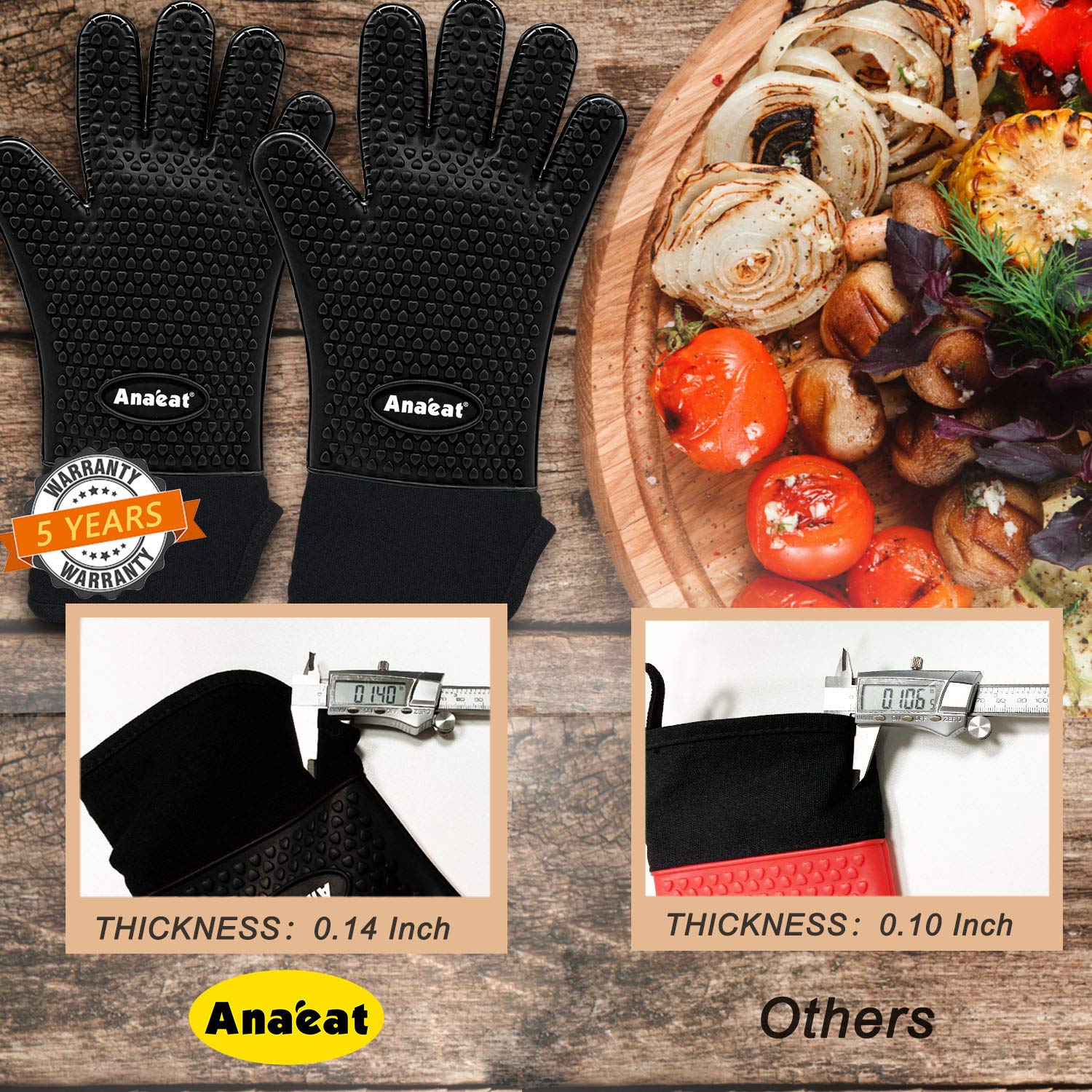 Anaeat Heat Resistant BBQ Grill Gloves, Meat Shredder Claws and Silicone Basting Brush BBQ Accessories Set - Waterproof Non-Slip Smoker Gloves for Indoor & Outdoor Grilling, Barbecue, Cooking (Black)