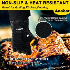 Anaeat Heat Resistant BBQ Grill Gloves, Meat Shredder Claws and Silicone Basting Brush BBQ Accessories Set - Waterproof Non-Slip Smoker Gloves for Indoor & Outdoor Grilling, Barbecue, Cooking (Black)