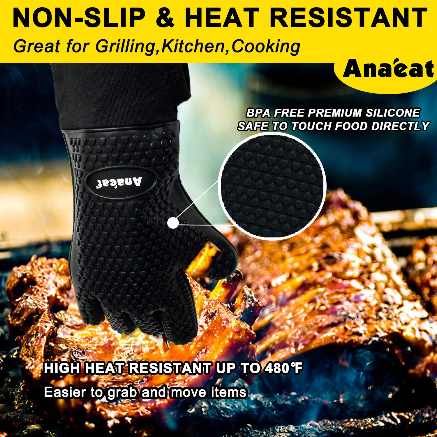 Anaeat Heat Resistant BBQ Grill Gloves, Meat Shredder Claws and Silicone Basting Brush BBQ Accessories Set - Waterproof Non-Slip Smoker Gloves for Indoor & Outdoor Grilling, Barbecue, Cooking (Black)