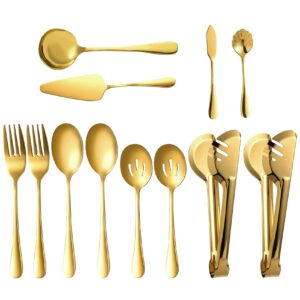 macifeci gold serving utensils set of 12, stainless steel serving sets with, 9.8''serving forks, slotted spoons, tongs, ladle, butter knife, pie, serving utensils in gold for parties,buffet, wedding