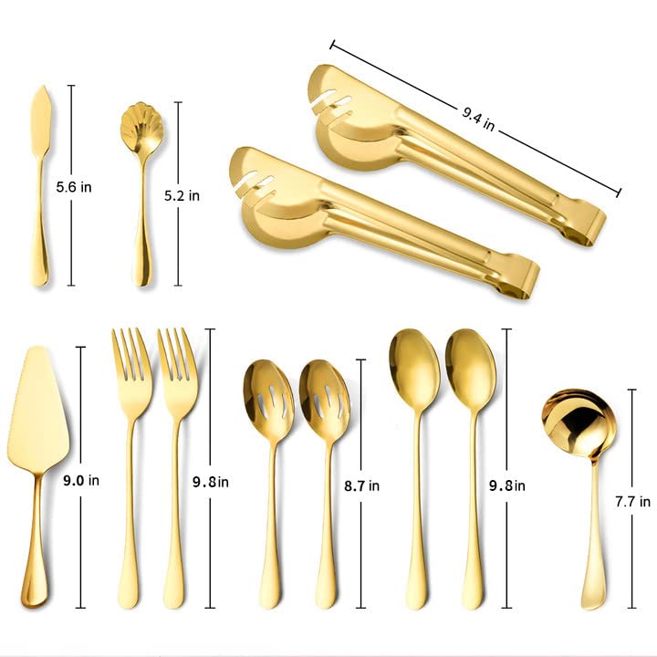 MACIFECI Gold Serving Utensils Set of 12, Stainless Steel Serving Sets with, 9.8''Serving Forks, Slotted Spoons, Tongs, Ladle, Butter Knife, Pie, Serving Utensils in Gold for Parties,Buffet, Wedding