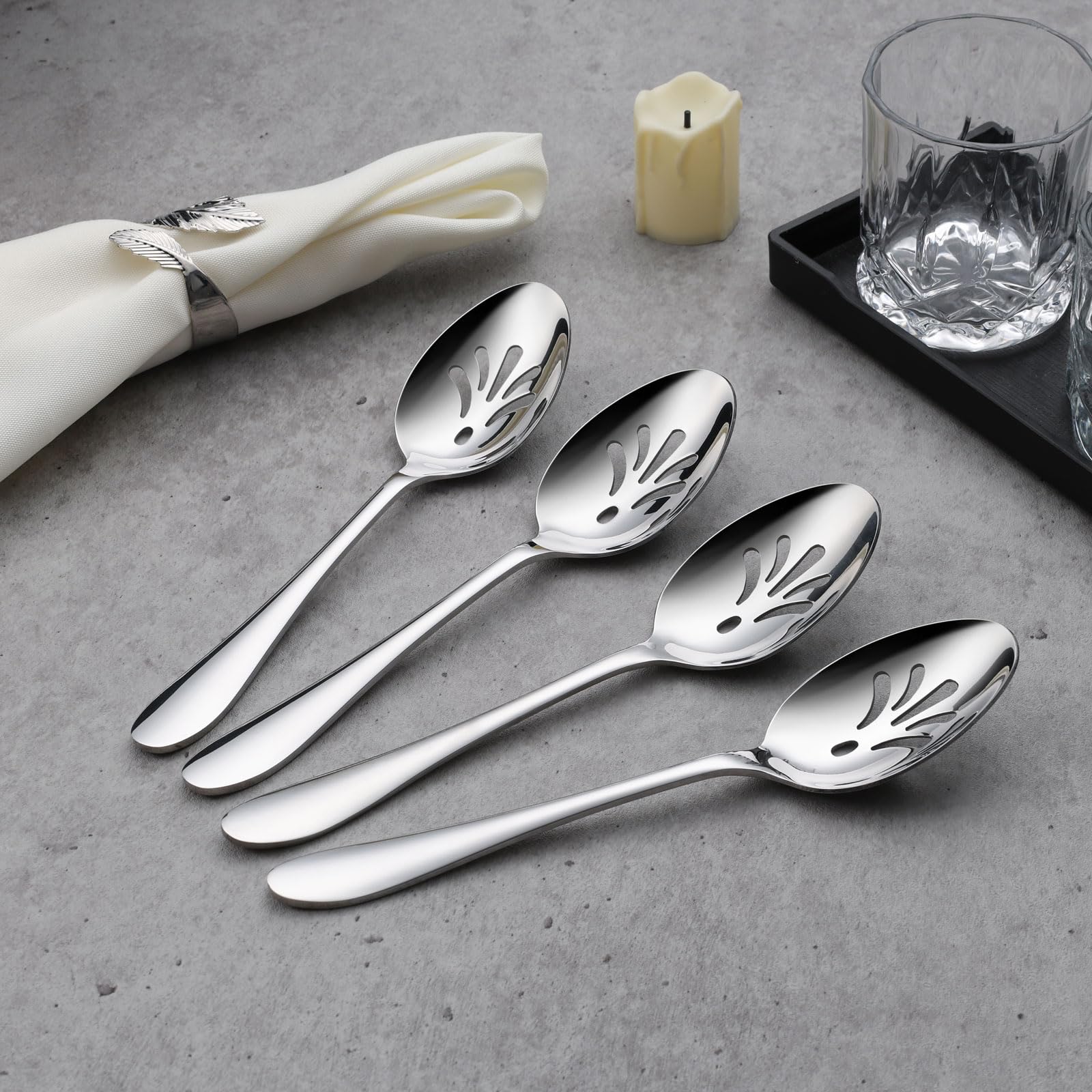 Stainless Steel Slotted Serving Spoons, E-far 4-Piece Metal Tablespoons Hostess Serving Utensils Set for Catering Buffet Party Kitchen Restaurant, Dishwasher Safe