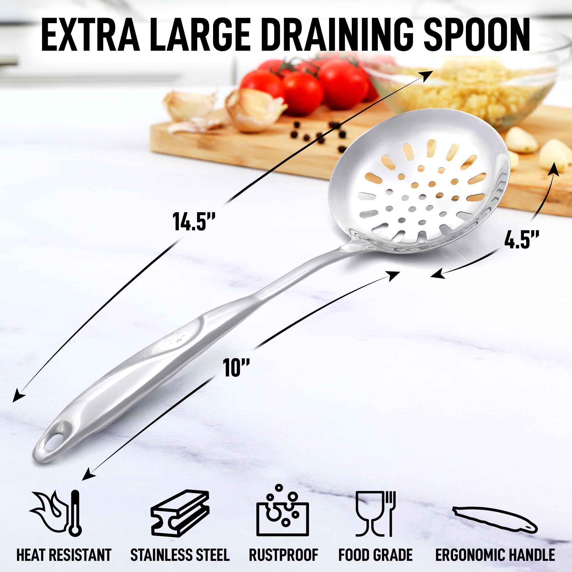 Zulay Kitchen Stainless Steel Cooking Utensil - Stainless Steel Kitchen Utensil - Durable Kitchen Gadgets - Metal Kitchen Accessories - Easy to Clean Kitchen Tools - 14.5" Draining Spoon