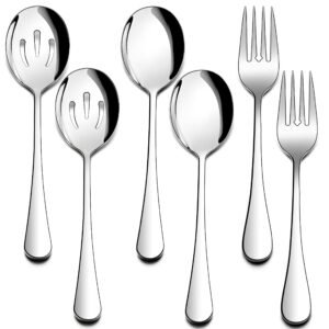 Homikit Stainless Steel 2 Serving Spoons, 2 Slotted Serving Spoons, 2 Serving Forks, Metal Buffet Party Banquet Restaurant Catering Serving Utensils Spoons Forks Set, Mirror Polished, Dishwasher Safe