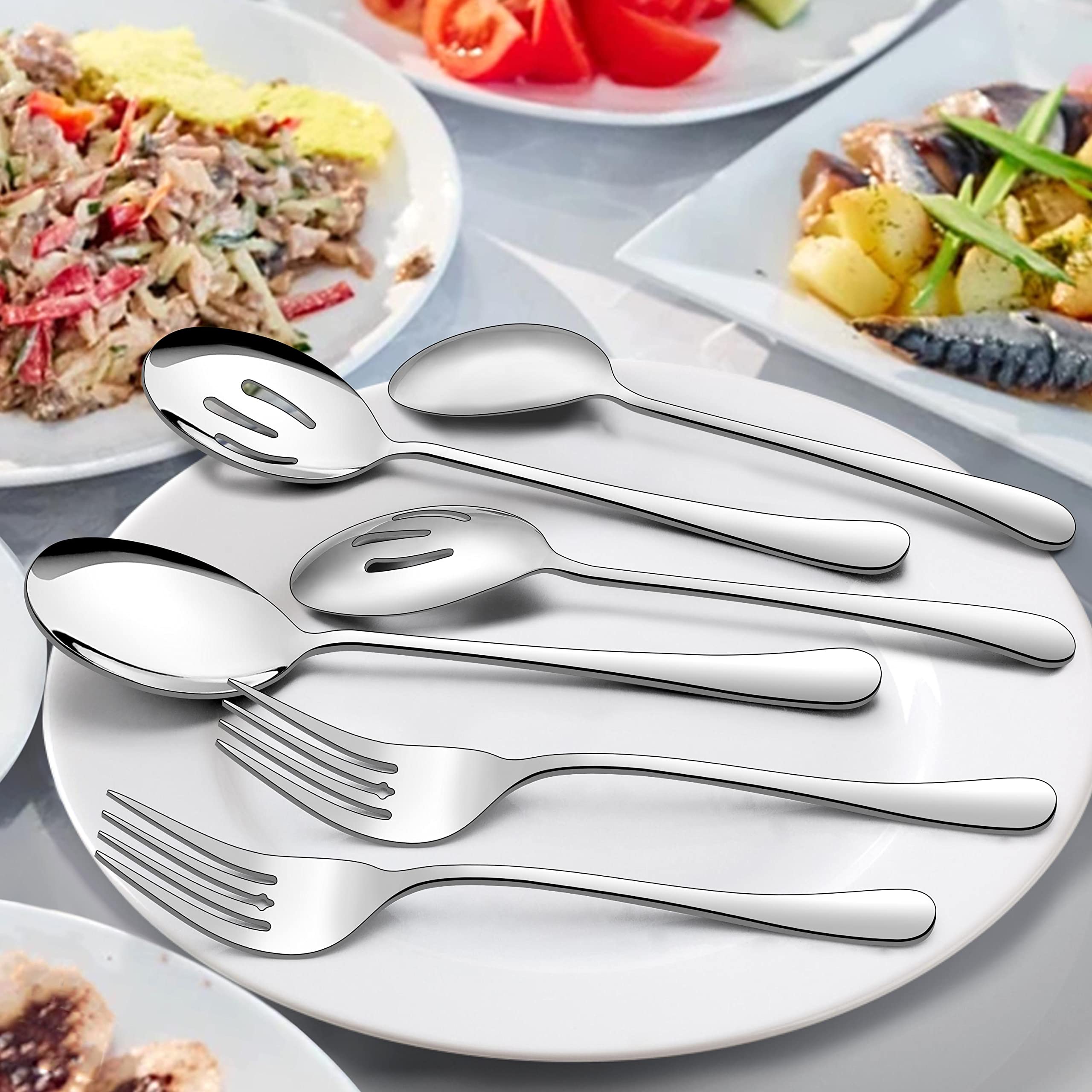 Homikit Stainless Steel 2 Serving Spoons, 2 Slotted Serving Spoons, 2 Serving Forks, Metal Buffet Party Banquet Restaurant Catering Serving Utensils Spoons Forks Set, Mirror Polished, Dishwasher Safe