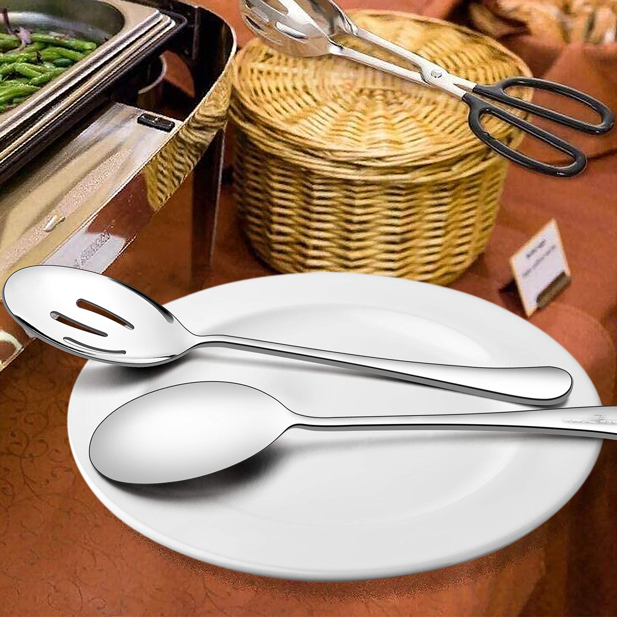 Homikit Stainless Steel 2 Serving Spoons, 2 Slotted Serving Spoons, 2 Serving Forks, Metal Buffet Party Banquet Restaurant Catering Serving Utensils Spoons Forks Set, Mirror Polished, Dishwasher Safe