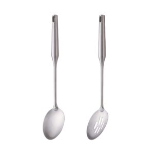 1 Solid Spoon 1 Slotted Spoon Stainless Steel, BUY&USE 2 Pcs Durable Cooking Utensil, 15 Inches Long Handle Serving Spoon