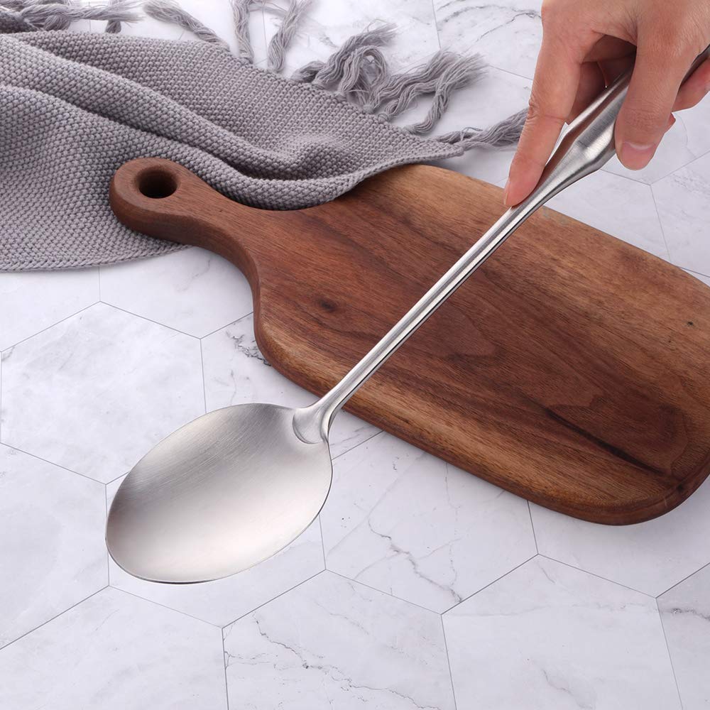 1 Solid Spoon 1 Slotted Spoon Stainless Steel, BUY&USE 2 Pcs Durable Cooking Utensil, 15 Inches Long Handle Serving Spoon