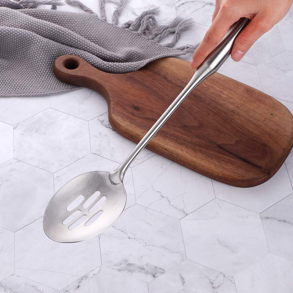 1 Solid Spoon 1 Slotted Spoon Stainless Steel, BUY&USE 2 Pcs Durable Cooking Utensil, 15 Inches Long Handle Serving Spoon