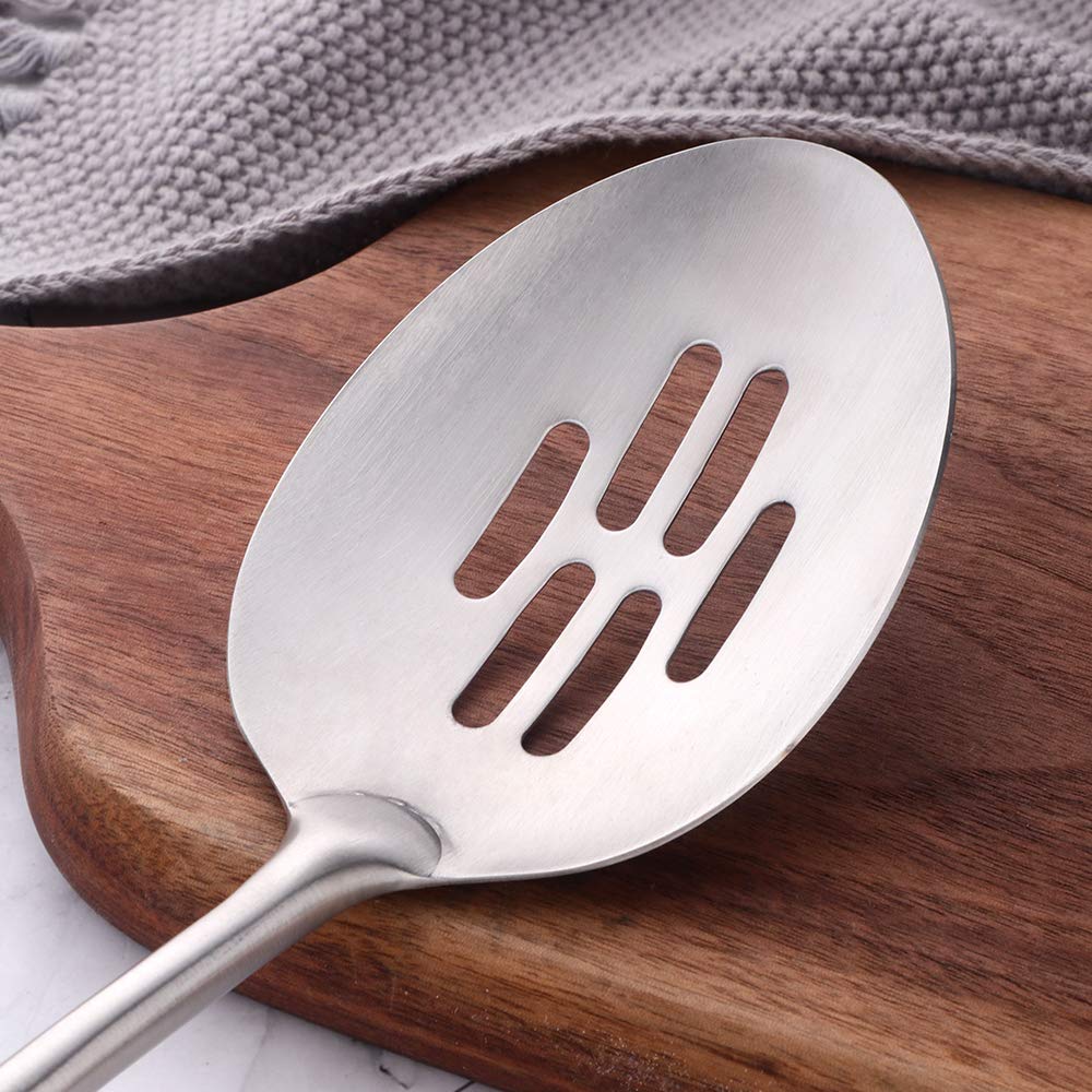 1 Solid Spoon 1 Slotted Spoon Stainless Steel, BUY&USE 2 Pcs Durable Cooking Utensil, 15 Inches Long Handle Serving Spoon