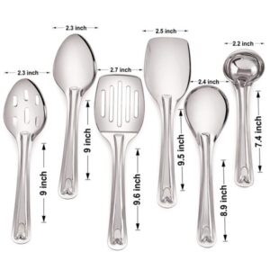 Premium 6 Piece 9" Stainless Steel Cooking & Serving Spoon Set, Includes Solid Spoon, Oval Spoon, Slotted Spoon, Ladel, Spatula & MultiServer - Heavy Gauge Durability - Modern Mirror Finish Flatware