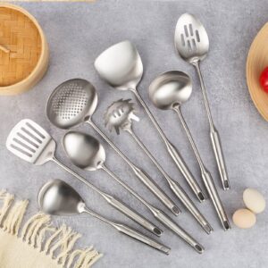 304 Stainless Steel Kitchen Utensils Set - 8 PCS All Metal Cooking Tools with Spatula, Solid Spoon, Slotted Spoon, Ladle, Skimmer Slotted Spoon, Slotted Spatula Tunner, Spaghetti Spoon, Large Spoon