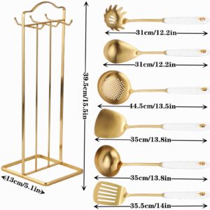 Cooking Utensils Set with Holder,7 PC 304 Stainless Steel High-Grade Gold Cooking Kitchen Utensil Set with Ceramic Handle,Spatula,Turner Spatula,Ladle,Serving Spoon,Slotted Spoon,Pasta Server (White)