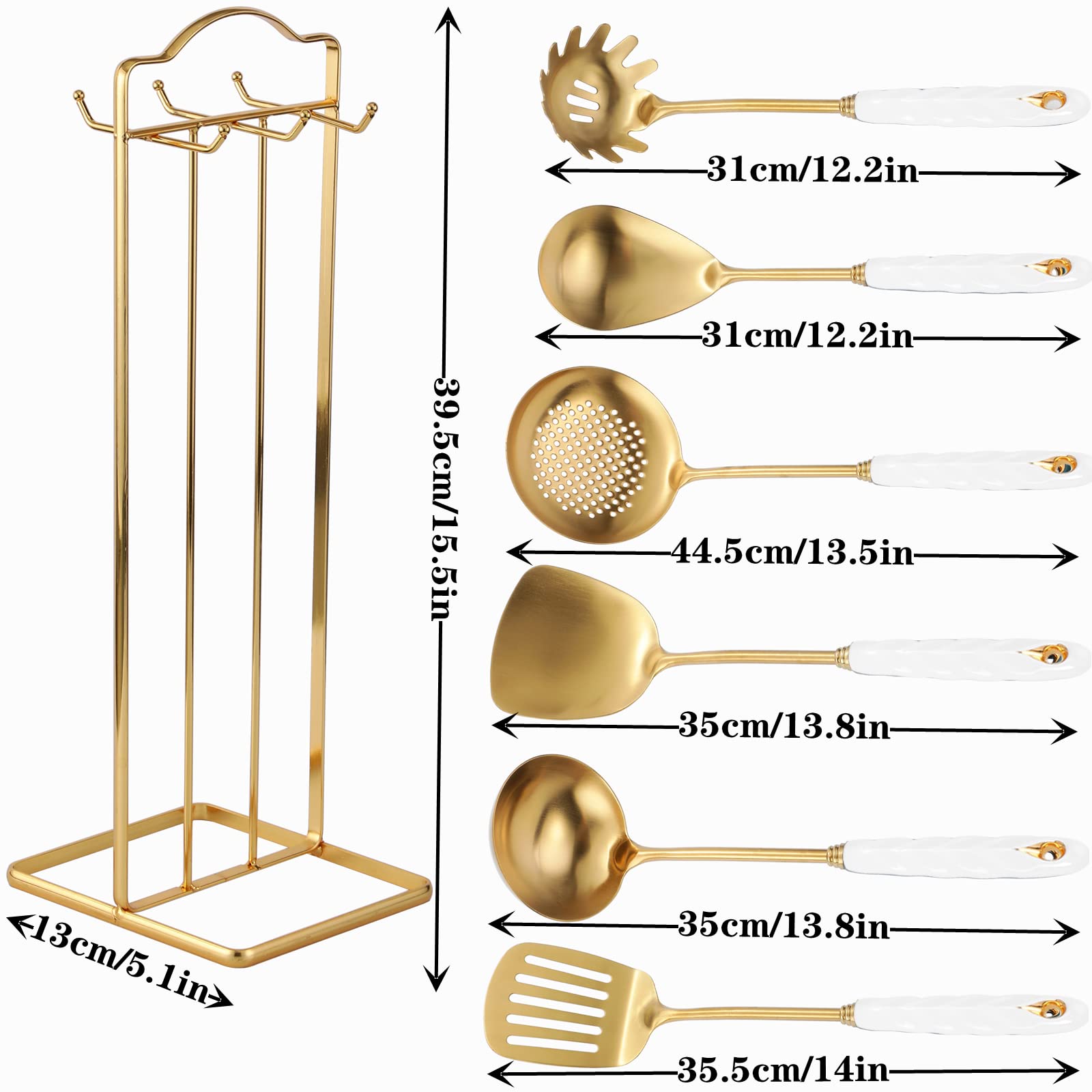 Cooking Utensils Set with Holder,7 PC 304 Stainless Steel High-Grade Gold Cooking Kitchen Utensil Set with Ceramic Handle,Spatula,Turner Spatula,Ladle,Serving Spoon,Slotted Spoon,Pasta Server (White)